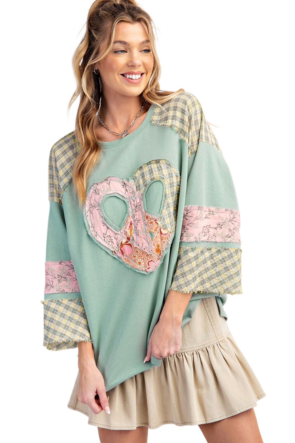 Women's Clearly Aqua Plaid Floral Peace Heart Graphic Wide Long Sleeve Top - Main View Women's Clearly Aqua Plaid Floral Peace Heart Graphic Wide Long Sleeve Top - Main View