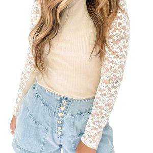 Women's Beige Floral Lace Patchwork Long Sleeve High Neck Slim Top - Main View