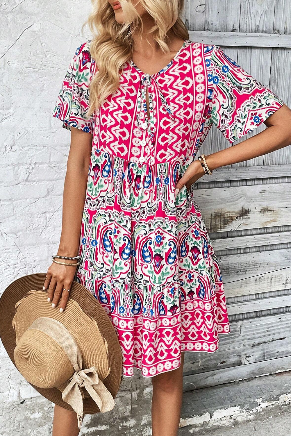 Summer Short Sleeve Mini Dress, Bohemian Abstract Print Boho - Detail View 12 Summer Short Sleeve Mini Dress, Bohemian Abstract Print Boho - Detail View 12