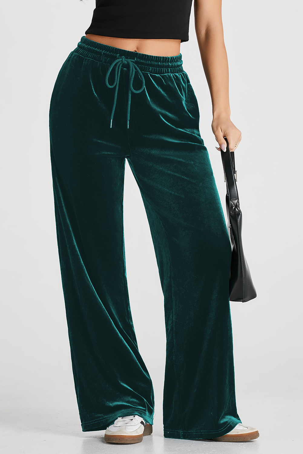 Women's Evergreen Solid Wide Leg Pants with Drawstring Waist - Detail View 11 Women's Evergreen Solid Wide Leg Pants with Drawstring Waist - Detail View 11