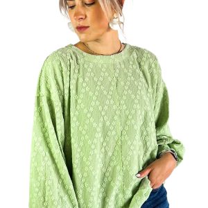 Women's Light Green Textured Crew Neck Blouse with Side Split Detail - Main View