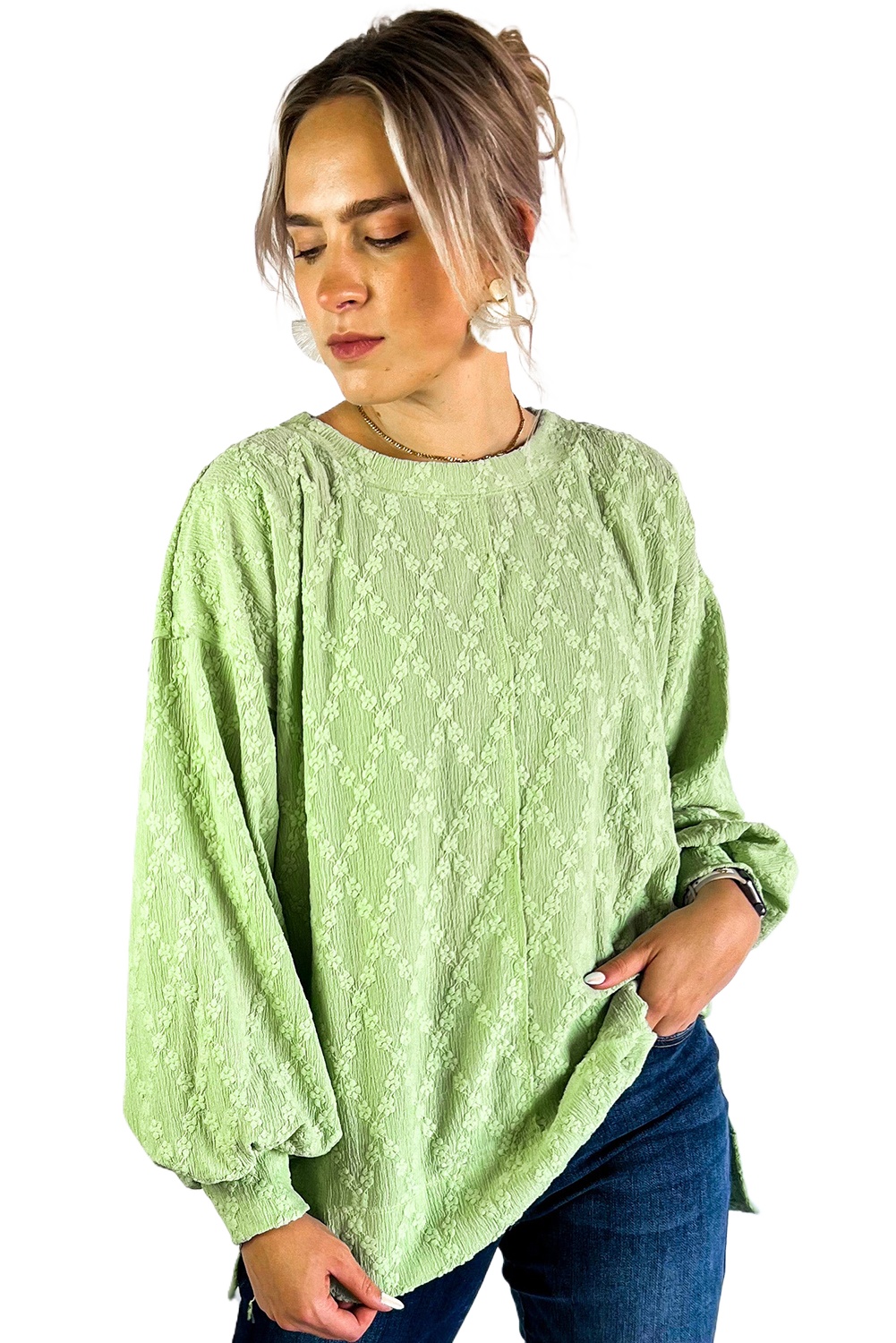Women's Light Green Textured Crew Neck Blouse with Side Split Detail - Main View Women's Light Green Textured Crew Neck Blouse with Side Split Detail - Main View