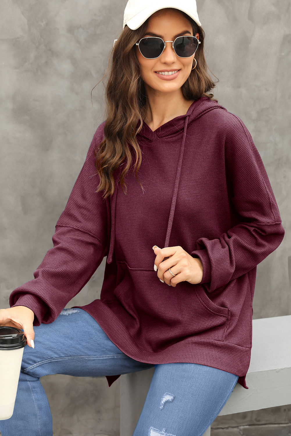 Women's Red Dahlia Waffle Knit Fleece Lined Oversized Hoodie - Detail View 6 Women's Red Dahlia Waffle Knit Fleece Lined Oversized Hoodie - Detail View 6