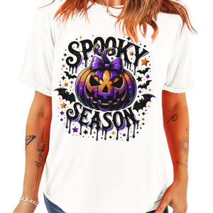 Women's White SPOOKY SEASON Pumpkin Bat Pattern Halloween T-Shirt - Main View