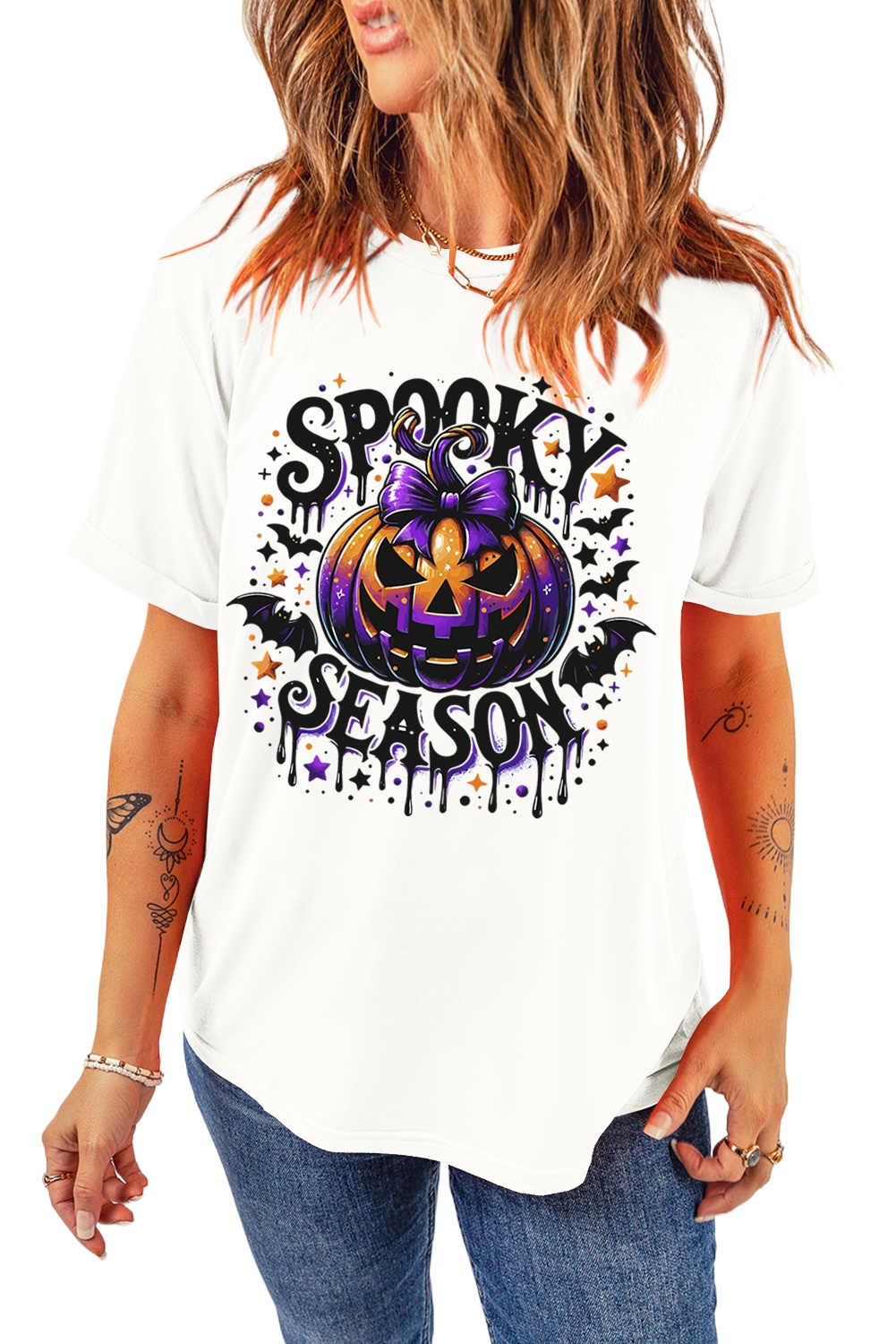Women's White SPOOKY SEASON Pumpkin Bat Pattern Halloween T-Shirt - Main View Women's White SPOOKY SEASON Pumpkin Bat Pattern Halloween T-Shirt - Main View