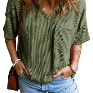 Women's Corded V Neck T-shirt, Casual Jungle Green Pocket Top - Main View