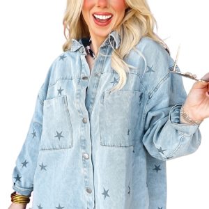 Women's Star Print Denim Jacket, Casual Sky Blue Shirt Style - Main View