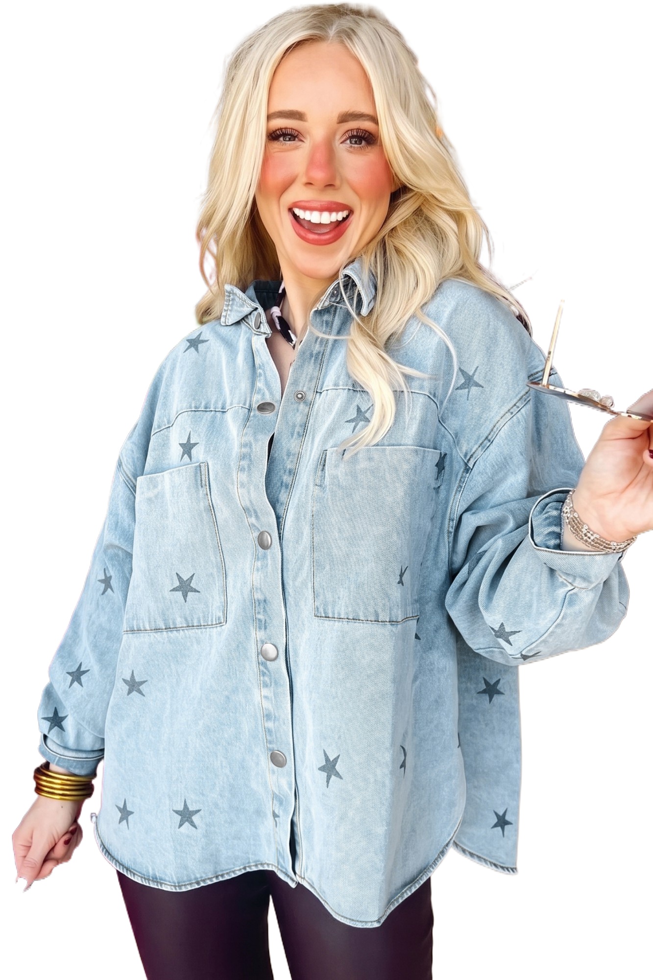 Women's Star Print Denim Jacket, Casual Sky Blue Shirt Style - Main View Women's Star Print Denim Jacket, Casual Sky Blue Shirt Style - Main View
