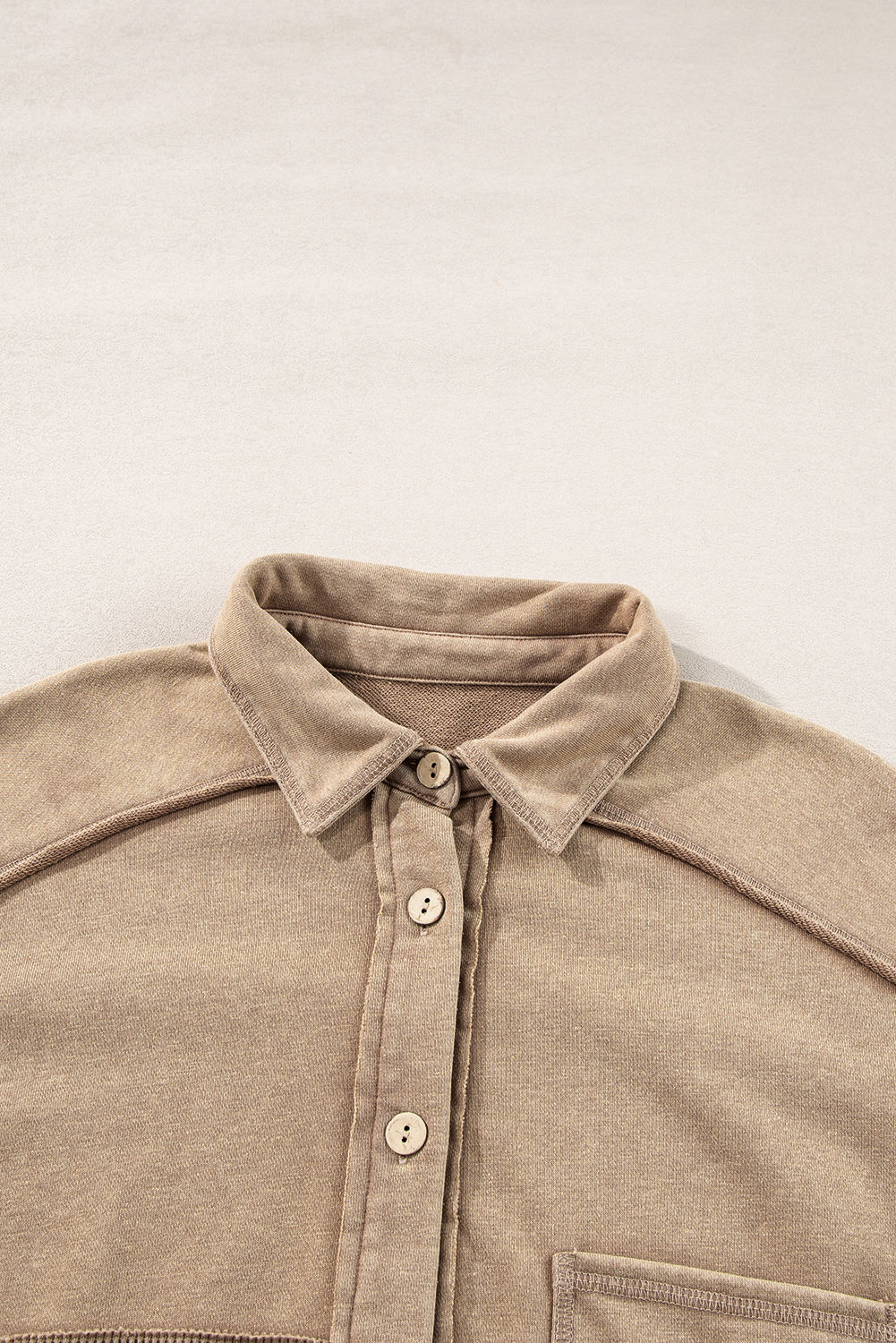 Women's Shacket, Goat Color, Mineral Wash, Textured Patchwork, Loose Fit, Vintage Style, Casual Wear, Long Sleeve, Button Closure, Drop Shoulder, Daily Wear, Outerwear, Jackets, Winter Fashion, Stylish, Comfortable - Detail View 12 Women's Shacket, Goat Color, Mineral Wash, Textured Patchwork, Loose Fit, Vintage Style, Casual Wear, Long Sleeve, Button Closure, Drop Shoulder, Daily Wear, Outerwear, Jackets, Winter Fashion, Stylish, Comfortable - Detail View 12