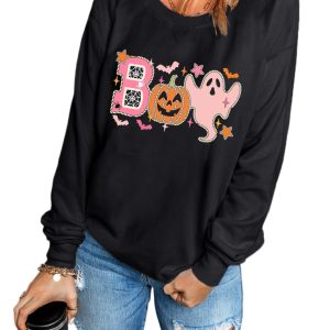 Women's Black BOO Pumpkin Ghost Print Crew Neck Halloween Sweatshirt - Main View
