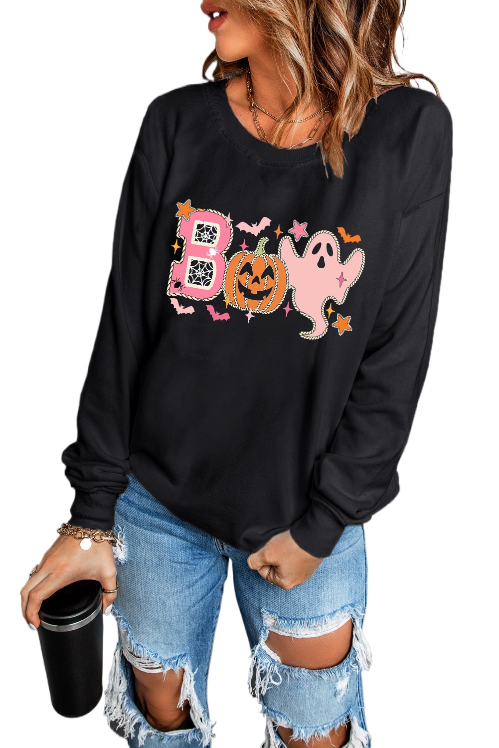 Women's Black BOO Pumpkin Ghost Print Crew Neck Halloween Sweatshirt - Main View Women's Black BOO Pumpkin Ghost Print Crew Neck Halloween Sweatshirt - Main View