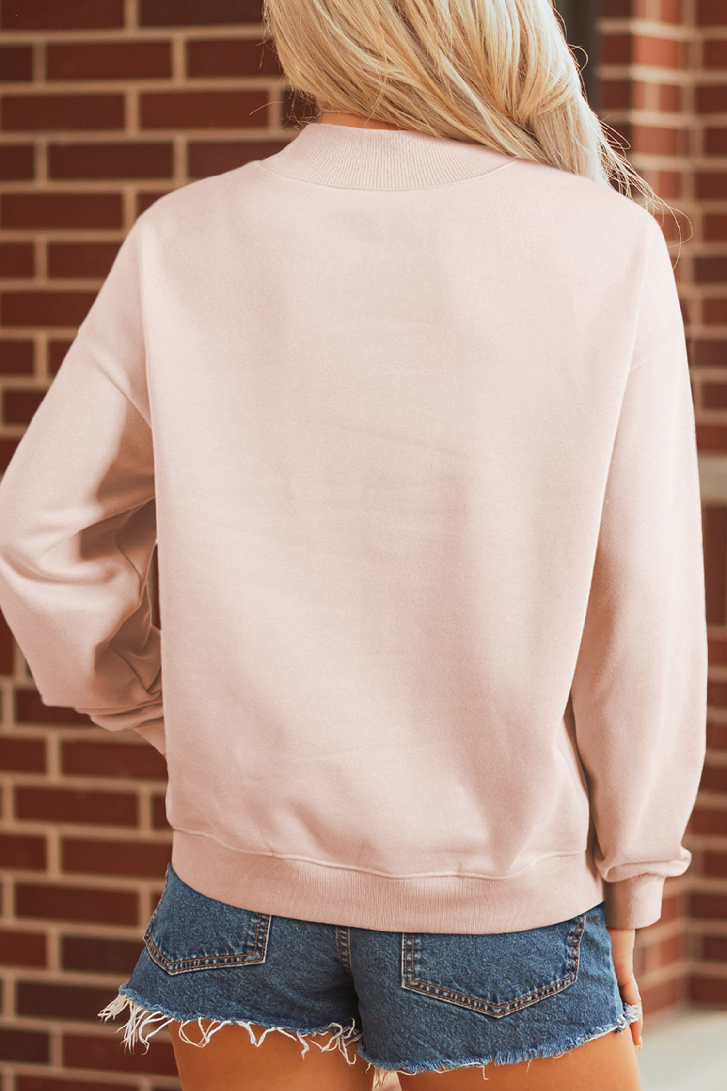 Women's Howdy Pumpkin Sweatshirt, Light Pink Mock Neck Top - Detail View 7 Women's Howdy Pumpkin Sweatshirt, Light Pink Mock Neck Top - Detail View 7
