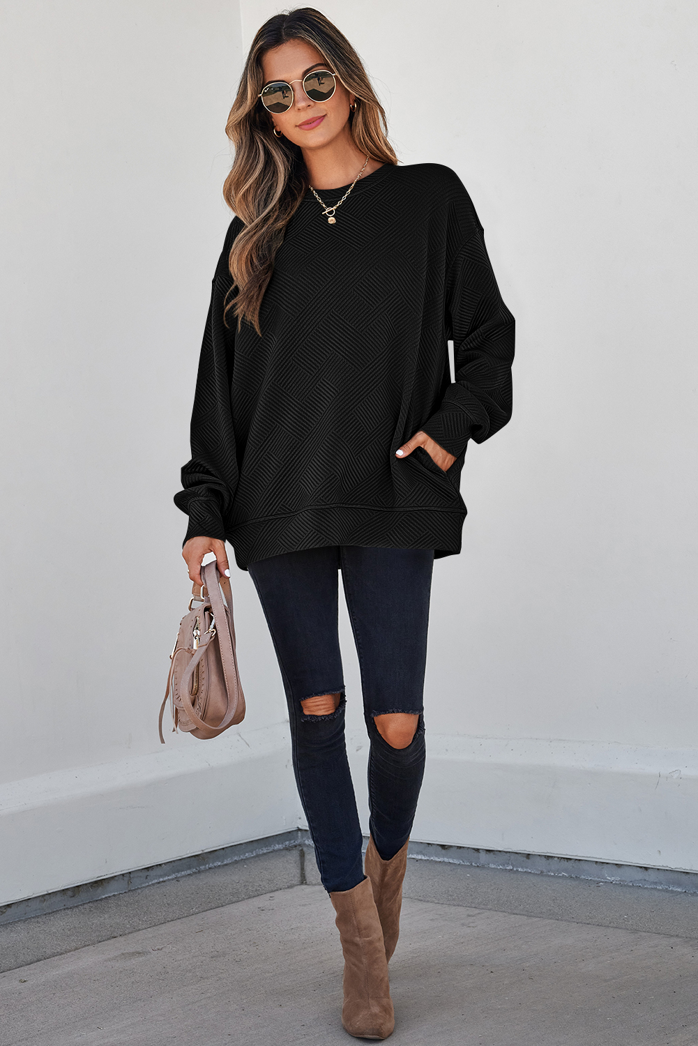Women's Solid Black Pullover, Textured Drop Shoulder - Detail View 5 Women's Solid Black Pullover, Textured Drop Shoulder - Detail View 5