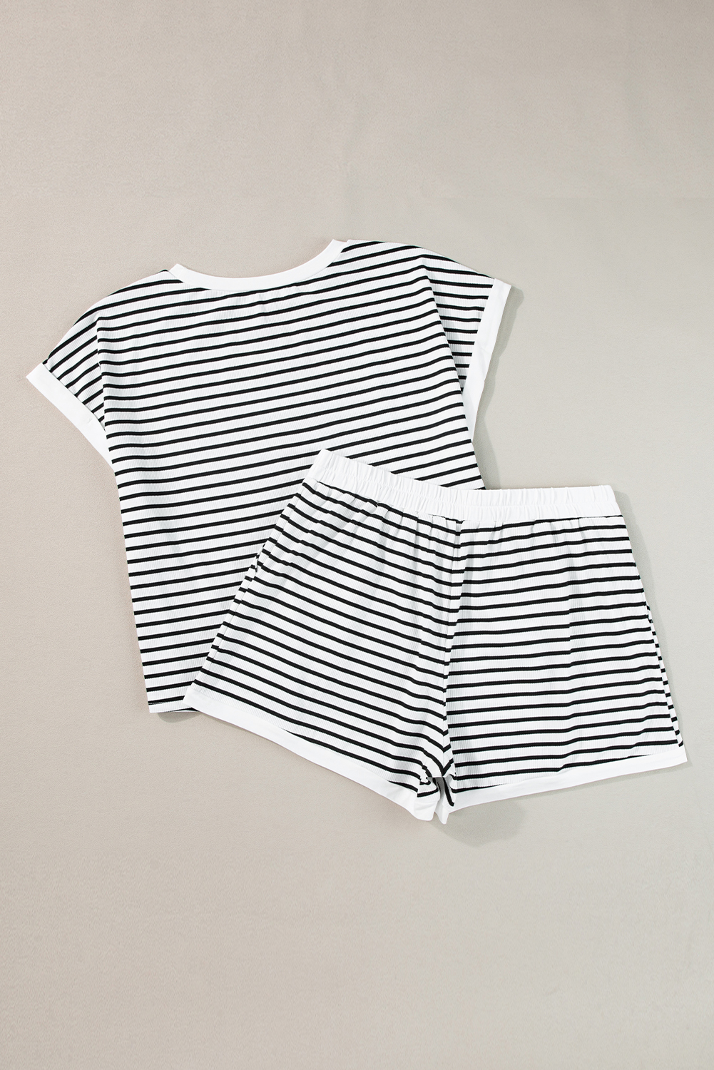 Relaxed Ribbed Shorts Set, Women's Daily Striped Tee Loungewear - Detail View 9 Relaxed Ribbed Shorts Set, Women's Daily Striped Tee Loungewear - Detail View 9