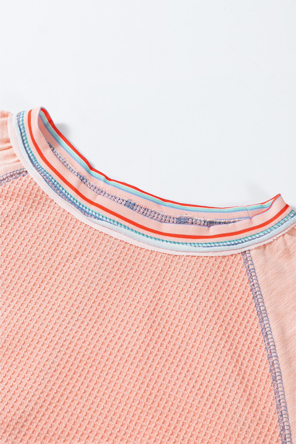 Stylish Long Sleeve Patchwork Top with Contrast Stripe Stitching - Grapefruit Orange - Detail View 6 Stylish Long Sleeve Patchwork Top with Contrast Stripe Stitching - Grapefruit Orange - Detail View 6