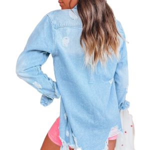 Women's Beau Blue Distressed Long Denim Jacket - Main View