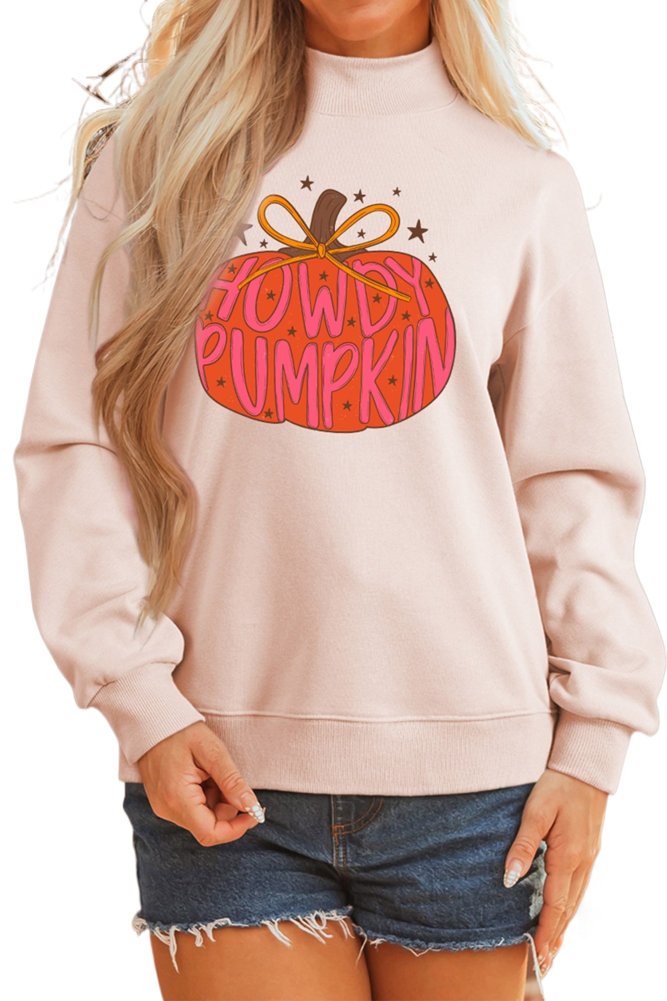 Women's Howdy Pumpkin Sweatshirt, Light Pink Mock Neck Top - Main View Women's Howdy Pumpkin Sweatshirt, Light Pink Mock Neck Top - Main View