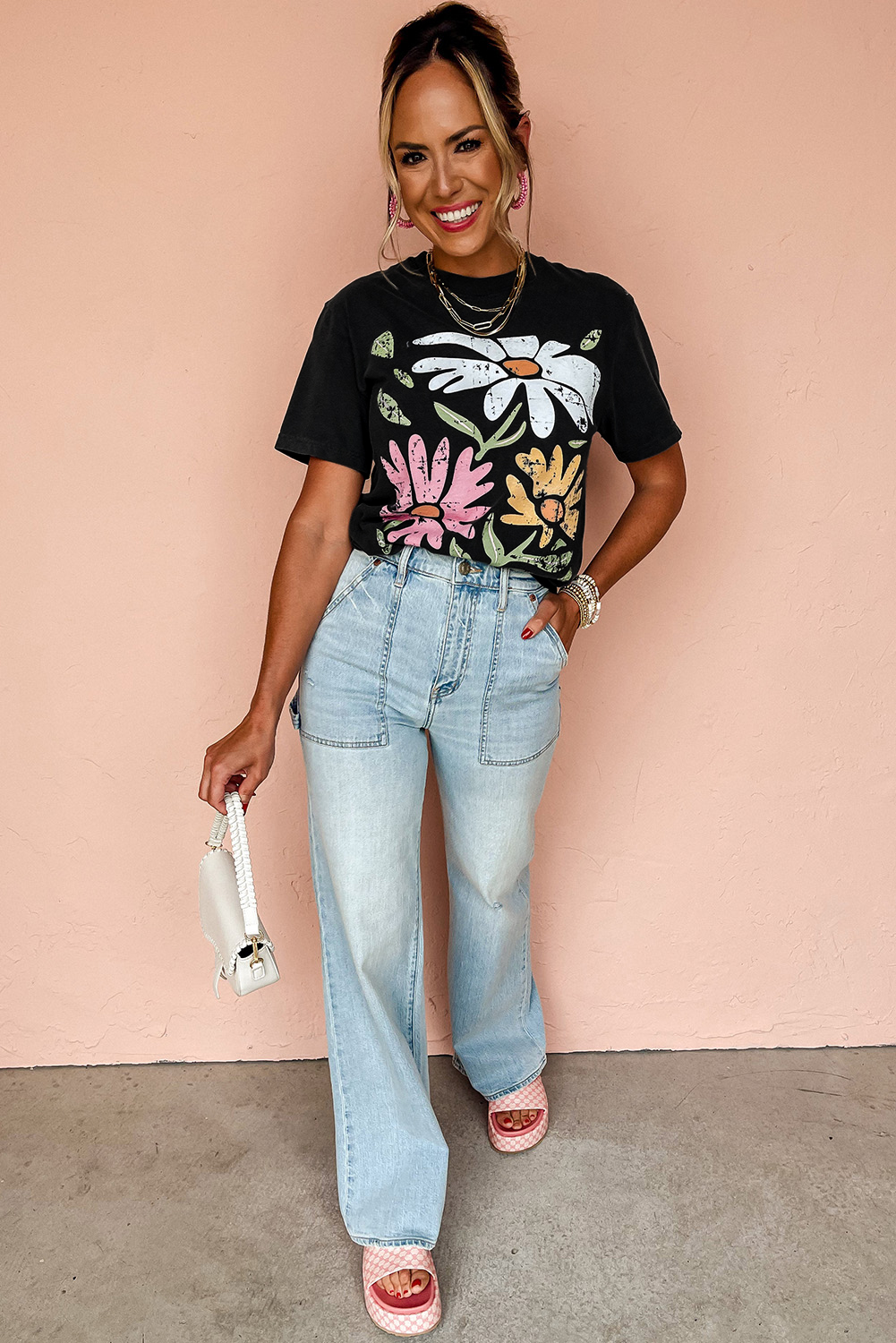 Women's Black Retro Floral Print Crew Neck Casual T-Shirt - Detail View 6 Women's Black Retro Floral Print Crew Neck Casual T-Shirt - Detail View 6
