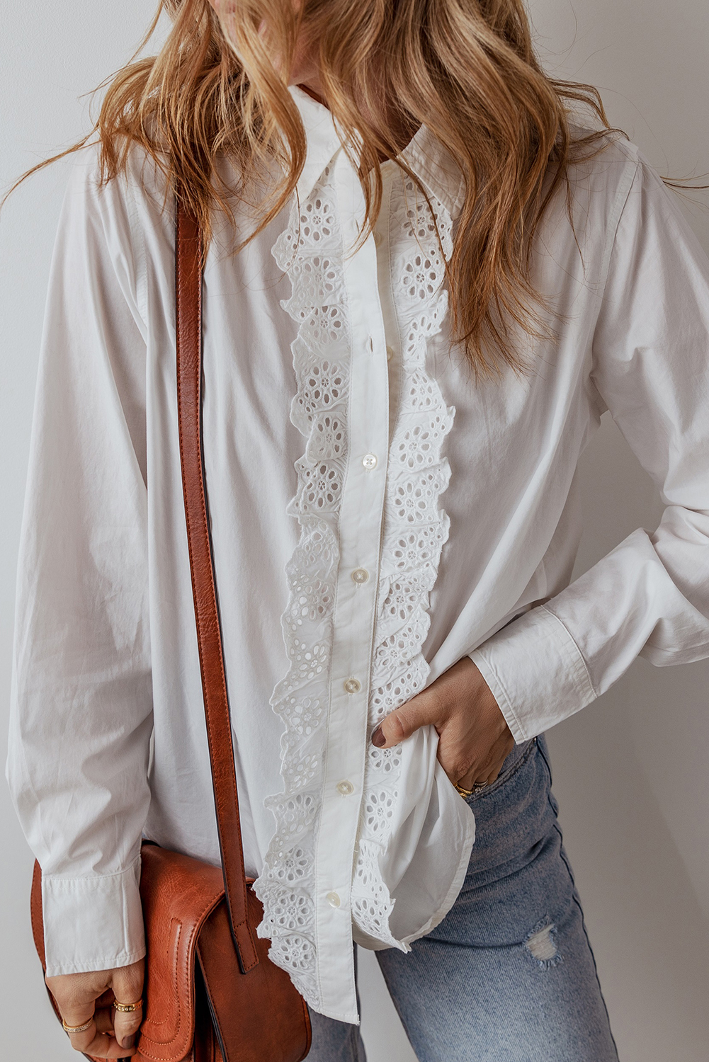 Elegant and Comfortable Women's Long Sleeve Shirt - White Lace Crochet Trim - Detail View 3 Elegant and Comfortable Women's Long Sleeve Shirt - White Lace Crochet Trim - Detail View 3
