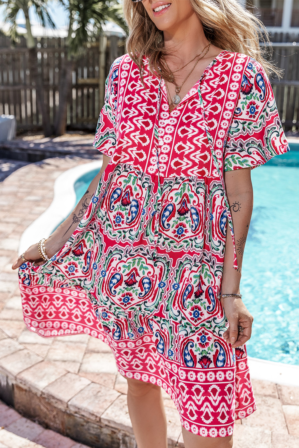 Summer Short Sleeve Mini Dress, Bohemian Abstract Print Boho - Detail View 3 Summer Short Sleeve Mini Dress, Bohemian Abstract Print Boho - Detail View 3