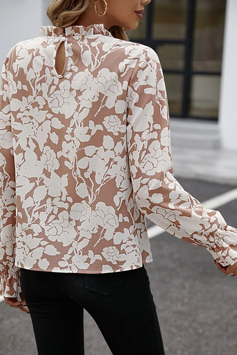 Chic Floral Shift Blouse, Women's Elegant Frill Sleeve Top - Detail View 3 Chic Floral Shift Blouse, Women's Elegant Frill Sleeve Top - Detail View 3