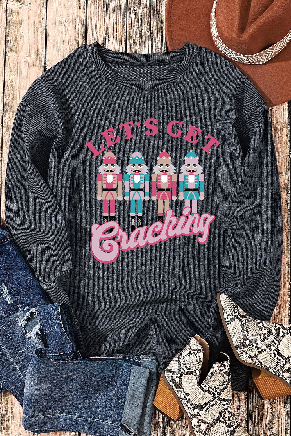Casual Gray Corded Sweatshirt, Women's Festive Graphic Top - Detail View 2 Casual Gray Corded Sweatshirt, Women's Festive Graphic Top - Detail View 2
