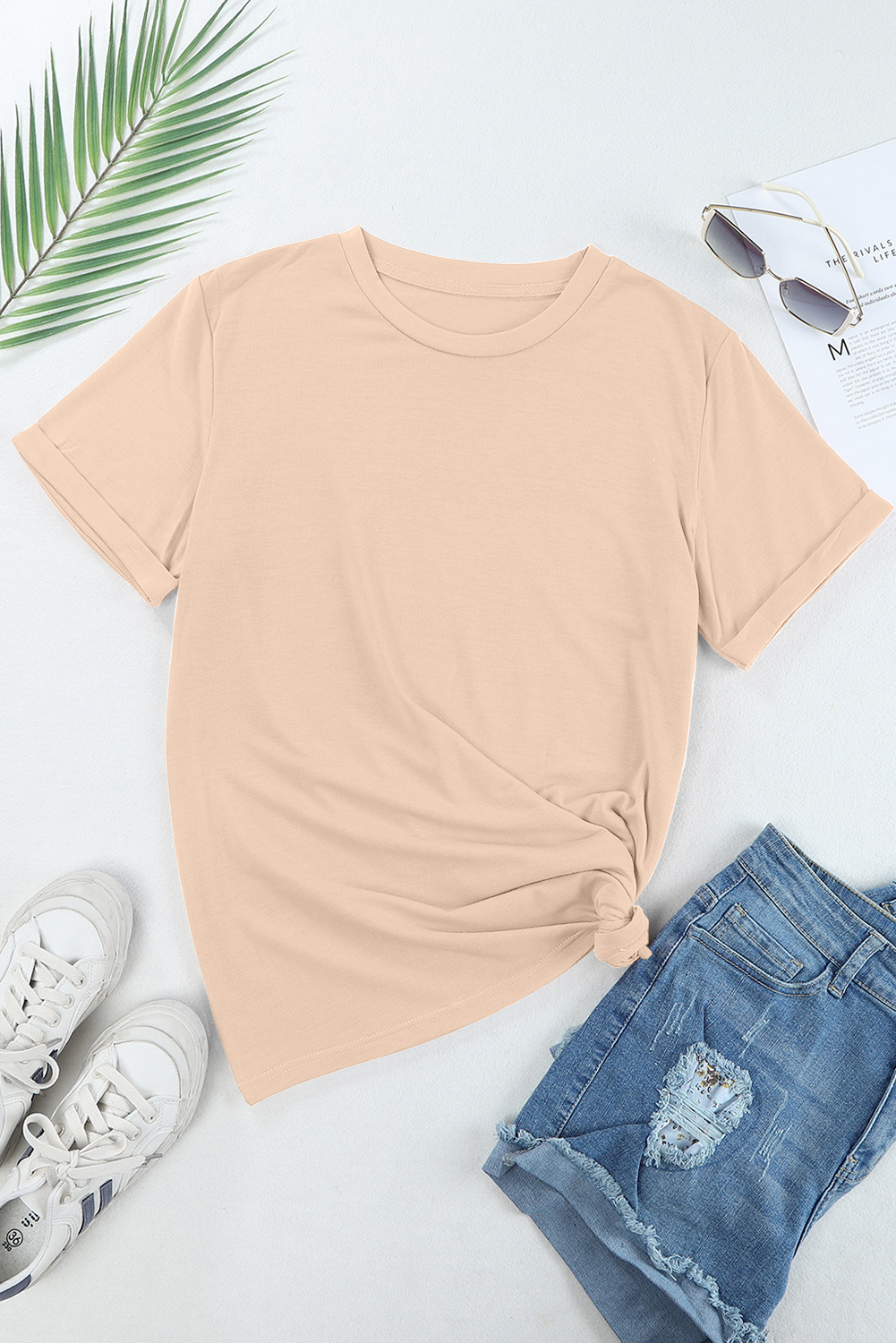 Women's Khaki Crew Neck Tee, Casual Short Sleeve Basic Top - Detail View 7 Women's Khaki Crew Neck Tee, Casual Short Sleeve Basic Top - Detail View 7