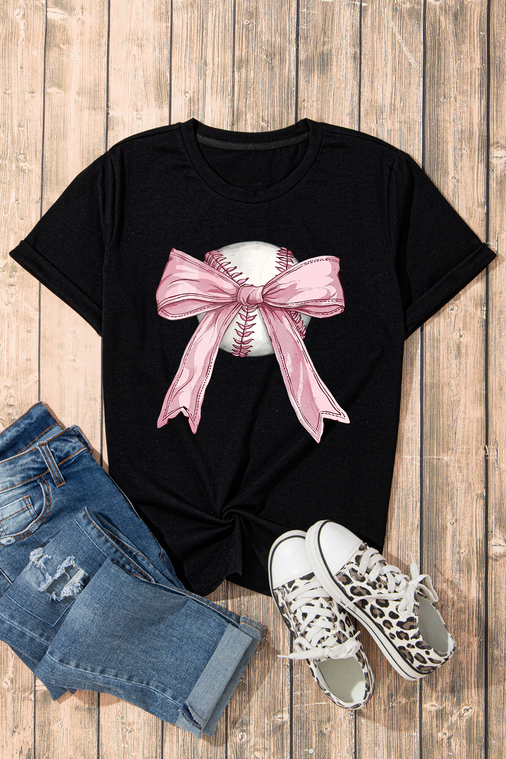 Women's Baseball Bow T Shirt, Casual Graphic Summer Top - Detail View 7 Women's Baseball Bow T Shirt, Casual Graphic Summer Top - Detail View 7