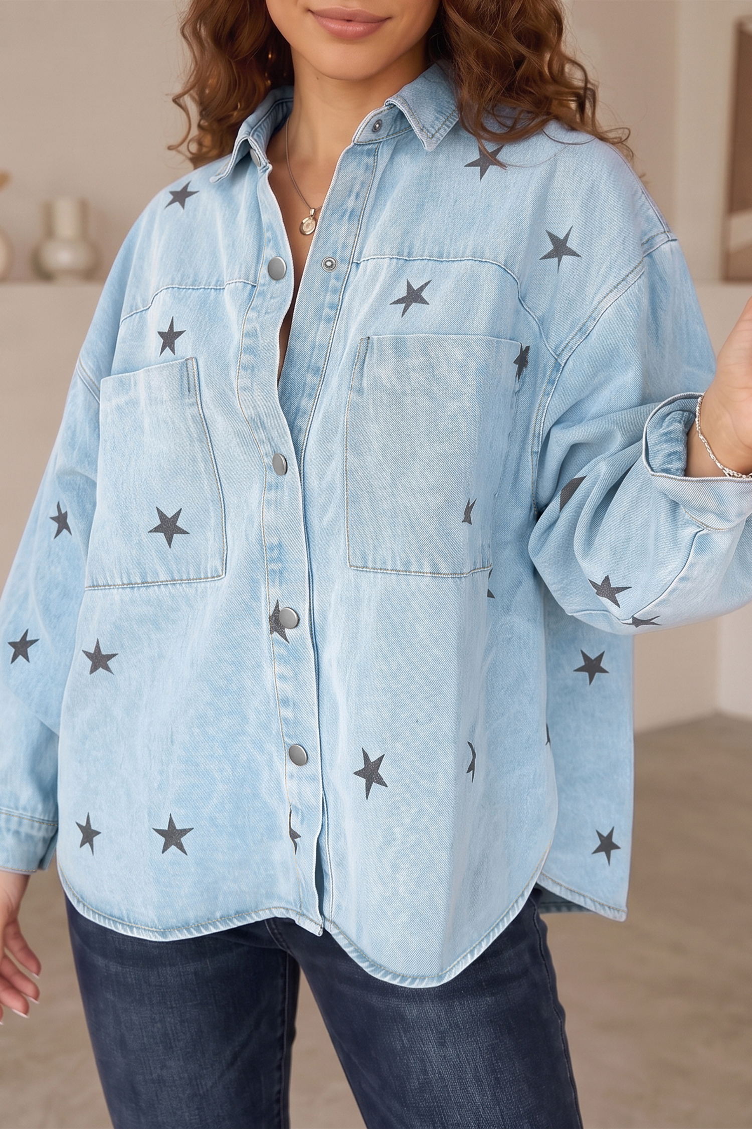 Women's Casual Denim Jacket, Long Sleeve Shirt Collar Top - Detail View 6 Women's Casual Denim Jacket, Long Sleeve Shirt Collar Top - Detail View 6
