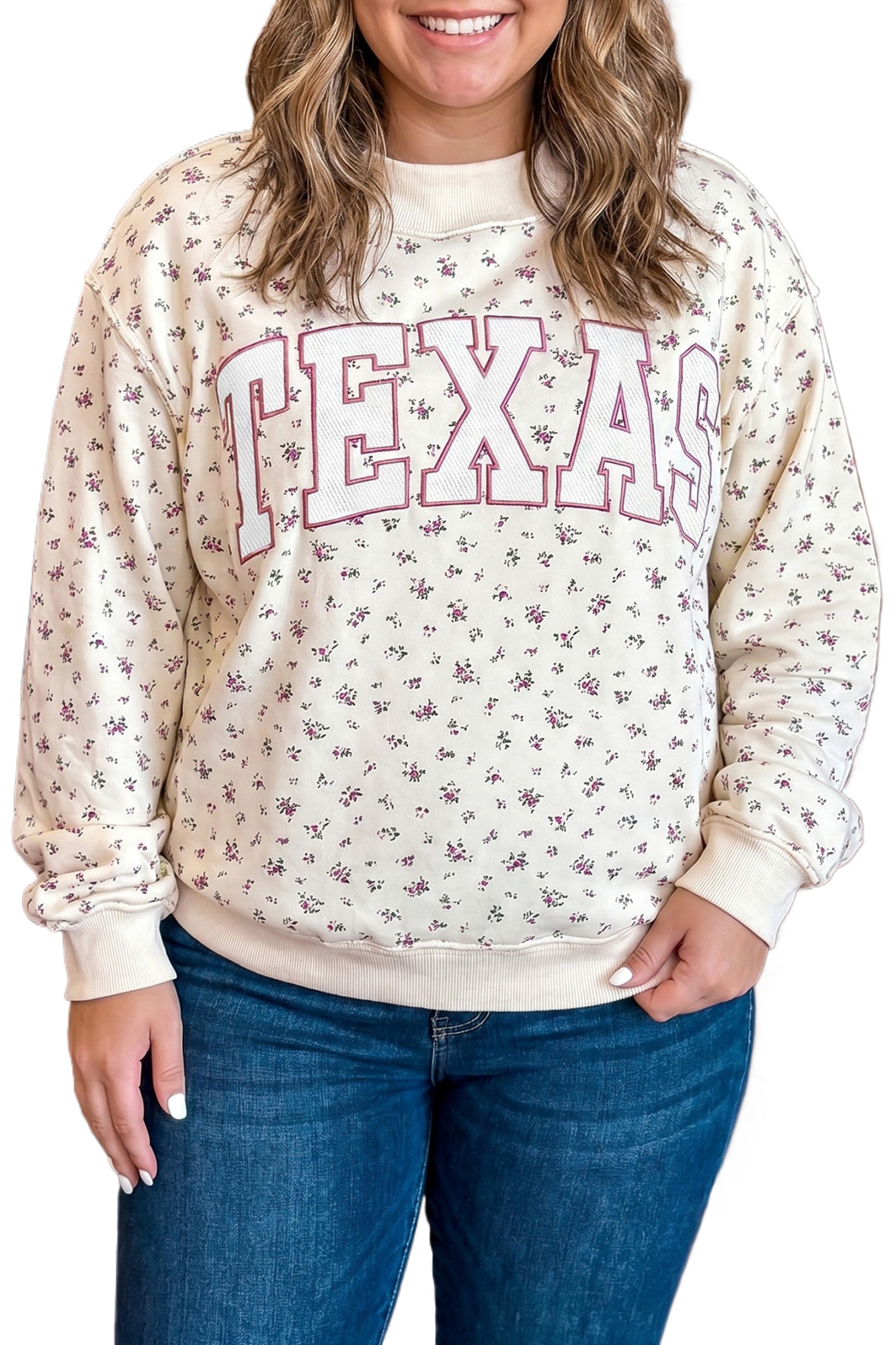 Women's Texas Floral Sweatshirt, Casual Apricot Pullover - Main View Women's Texas Floral Sweatshirt, Casual Apricot Pullover - Main View