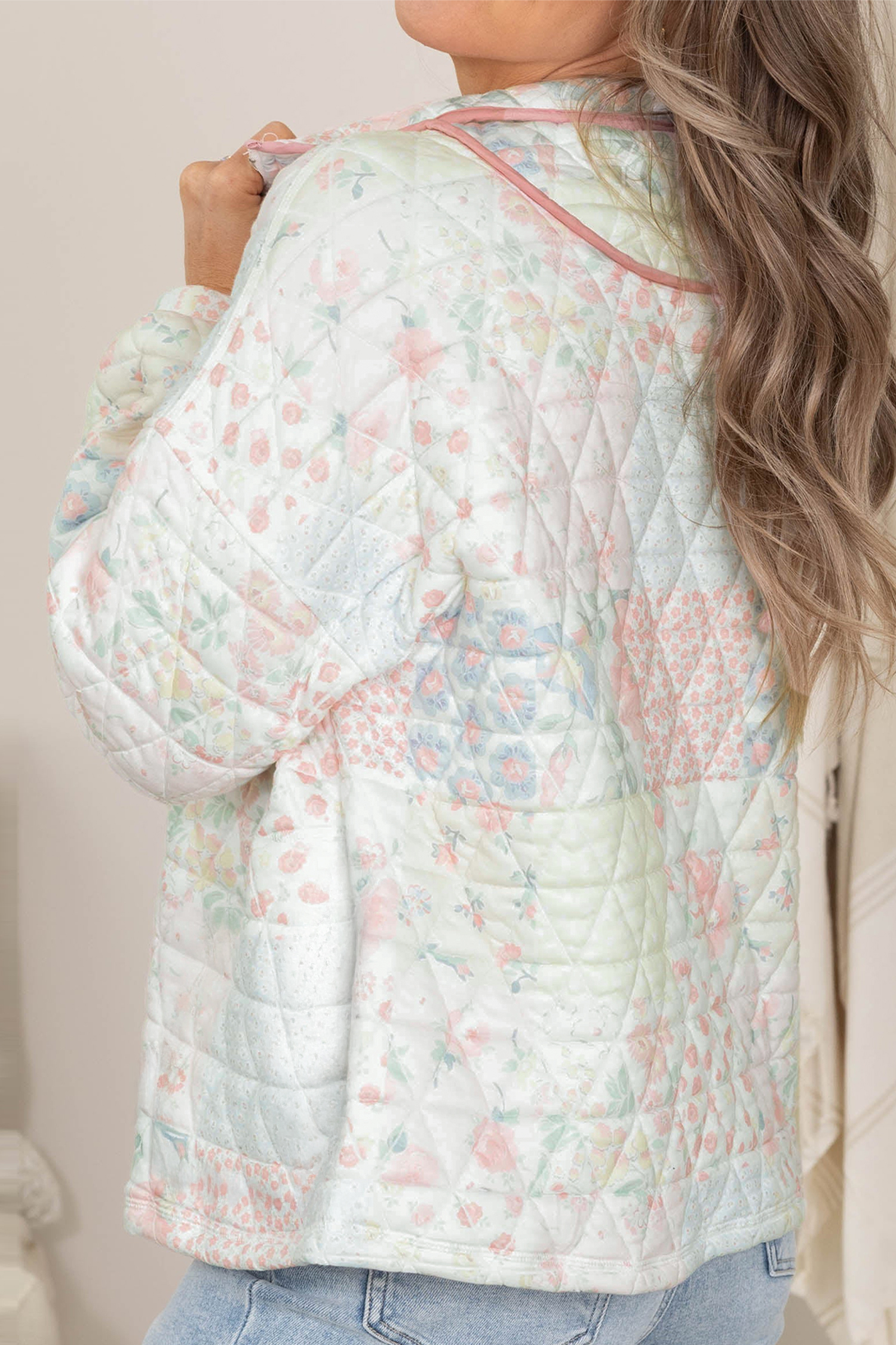 Quilted Floral Long Sleeve Top, Cozy Multicolour Shift Layer - Detail View 5 Quilted Floral Long Sleeve Top, Cozy Multicolour Shift Layer - Detail View 5