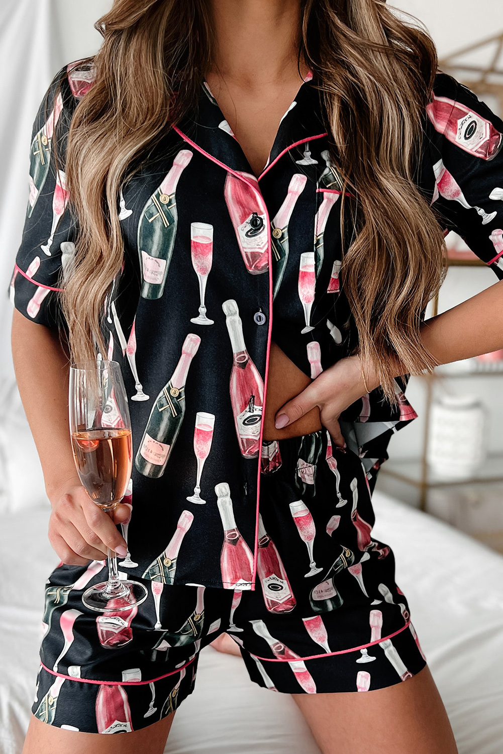 Black Satin Pajamas Set, Button Up Loungewear For Women - Detail View 2 Black Satin Pajamas Set, Button Up Loungewear For Women - Detail View 2