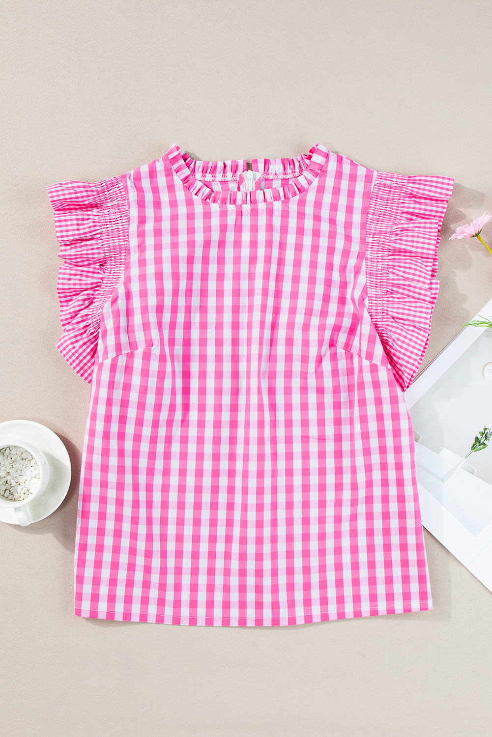 Women's Rose Red Checkered Ruffled Sleeve Frilled Neck Blouse - Detail View 6 Women's Rose Red Checkered Ruffled Sleeve Frilled Neck Blouse - Detail View 6