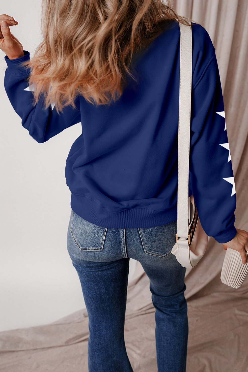 Navy Blue Sweatshirt, Game Day, Star Patterned Sleeves, Letter Print, Crew Neck, Pullover Style, Soft, Comfortable, Cozy, Easy to Layer, Winter Wear, Game Day Outfit, Graphic Sweatshirts, Long Sleeve, Casual Style, Sporty Chic - Detail View 4 Navy Blue Sweatshirt, Game Day, Star Patterned Sleeves, Letter Print, Crew Neck, Pullover Style, Soft, Comfortable, Cozy, Easy to Layer, Winter Wear, Game Day Outfit, Graphic Sweatshirts, Long Sleeve, Casual Style, Sporty Chic - Detail View 4
