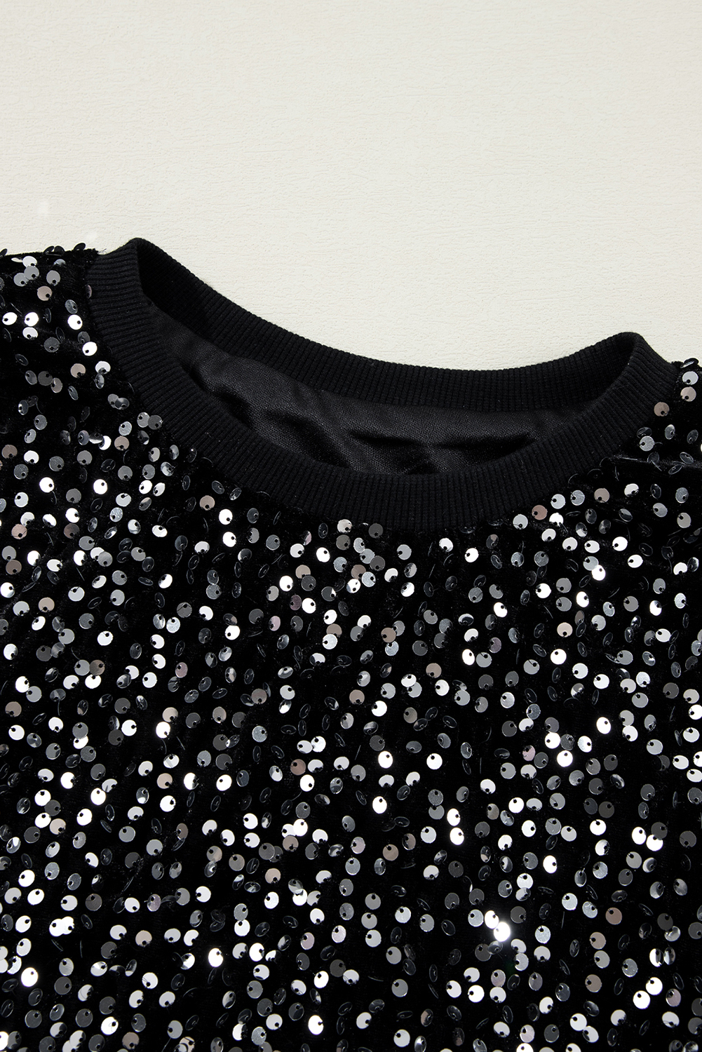 Women's Black Sequined Long Sleeve Crew Neck Cropped Blouse - Detail View 11 Women's Black Sequined Long Sleeve Crew Neck Cropped Blouse - Detail View 11