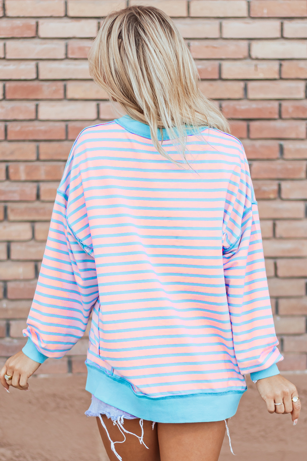 Stylish Striped Sweatshirt: Pink with Contrast Trim Details - Detail View 2 Stylish Striped Sweatshirt: Pink with Contrast Trim Details - Detail View 2