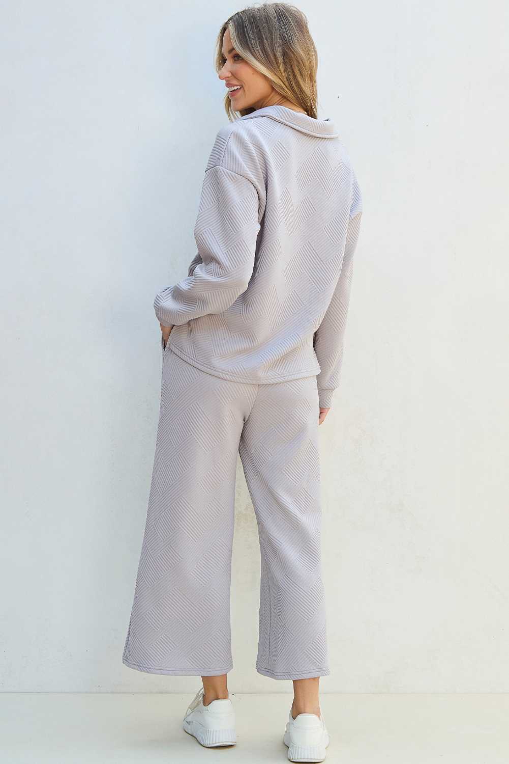 Versatile Two-Piece Set: Light Grey Textured V-Neck Top and Wide Leg Pants - Detail View 2 Versatile Two-Piece Set: Light Grey Textured V-Neck Top and Wide Leg Pants - Detail View 2