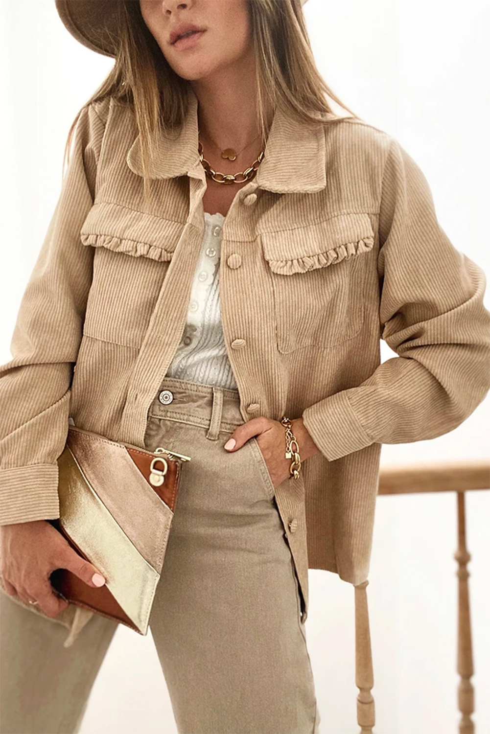 Versatile Long Sleeve Button Up Shacket: Luxurious Corduroy Fabric - Detail View 2 Versatile Long Sleeve Button Up Shacket: Luxurious Corduroy Fabric - Detail View 2