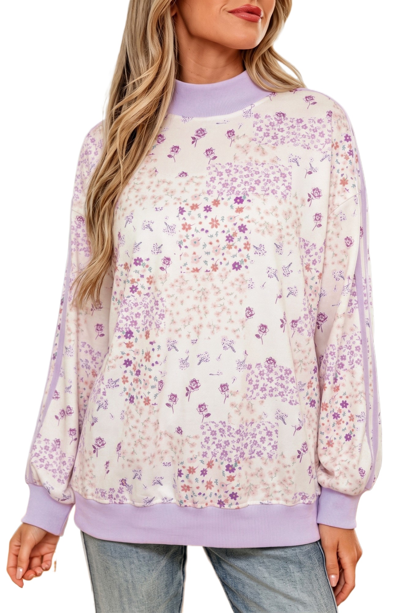 Women's Floral Mock Neck Sweatshirt, Casual Daily Pullover - Main View Women's Floral Mock Neck Sweatshirt, Casual Daily Pullover - Main View
