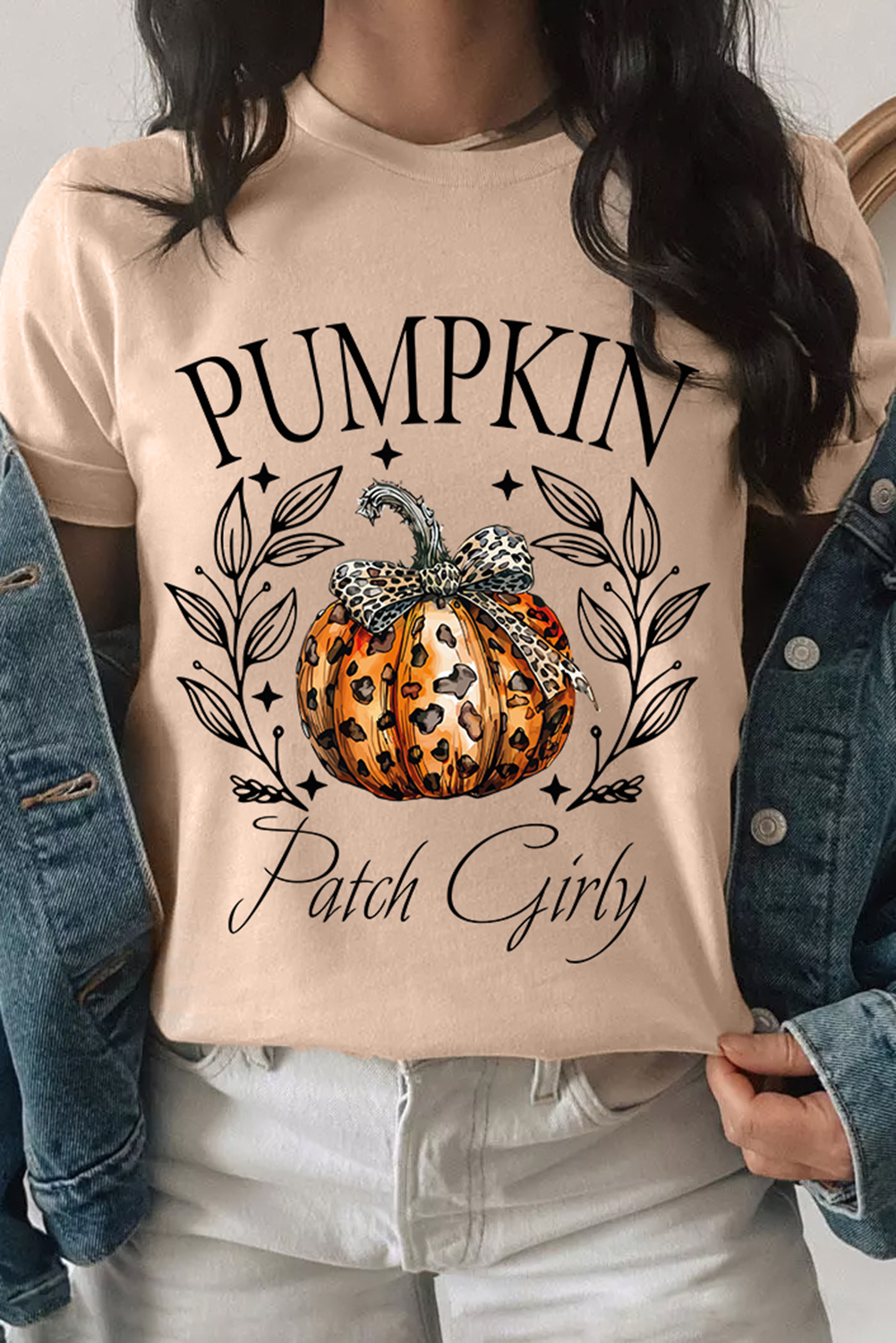 Playful and Feminine Graphic Tee: Pumpkin Patch Leopard Bowknot Print - Detail View 2 Playful and Feminine Graphic Tee: Pumpkin Patch Leopard Bowknot Print - Detail View 2