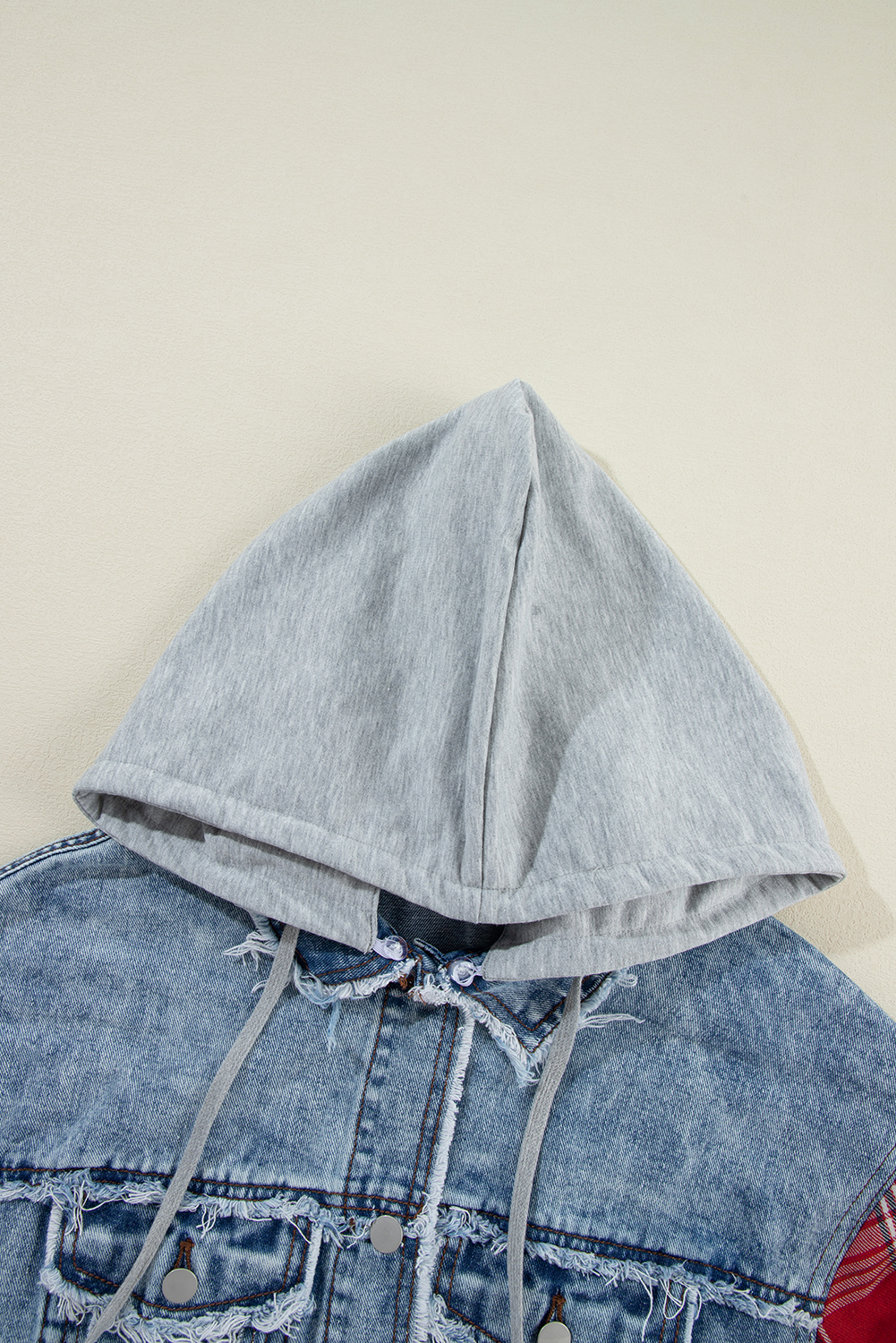 Trendy Long Sleeve Denim Jacket: Beau Blue Plaid Print - Detail View 12 Trendy Long Sleeve Denim Jacket: Beau Blue Plaid Print - Detail View 12