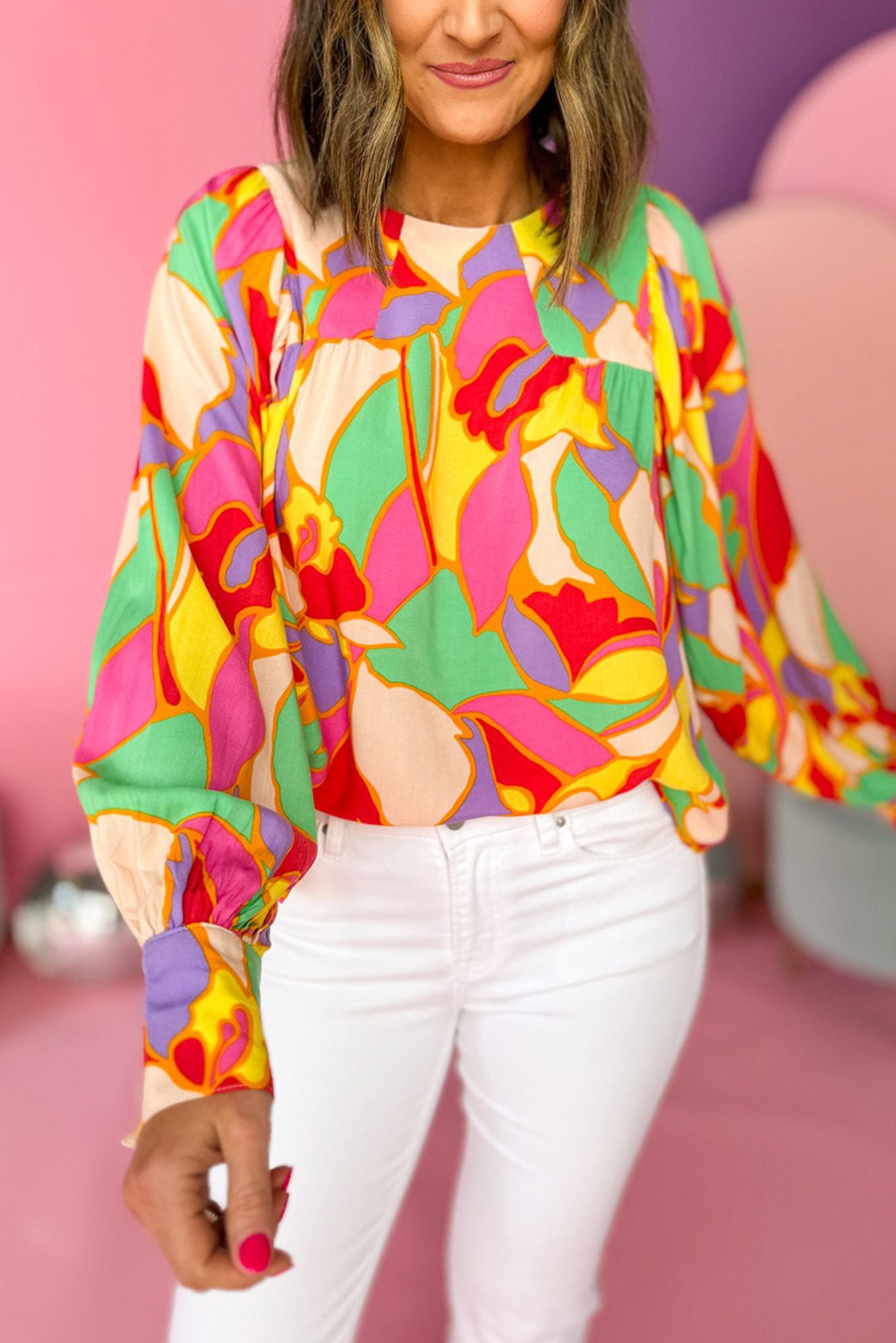 Bright and Beautiful Abstract Print Blouse - Yellow and Puff Sleeves - Detail View 2 Bright and Beautiful Abstract Print Blouse - Yellow and Puff Sleeves - Detail View 2