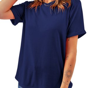 Women's Blue Crew Neck Tee, Casual Short Sleeve Summer Top - Main View