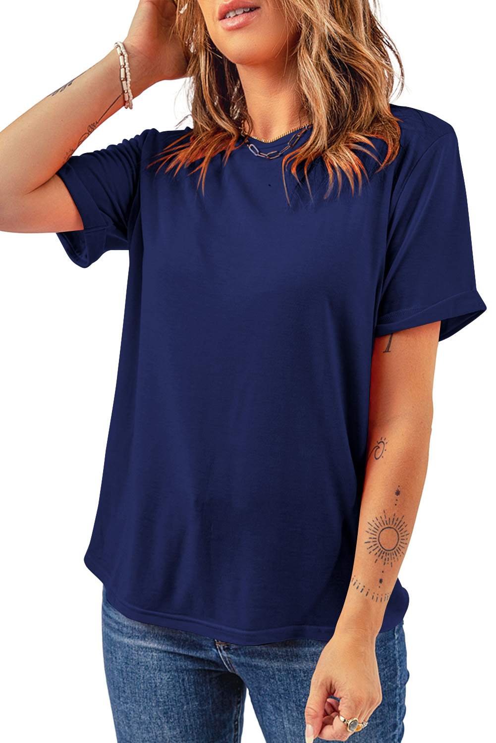 Women's Blue Crew Neck Tee, Casual Short Sleeve Summer Top - Main View Women's Blue Crew Neck Tee, Casual Short Sleeve Summer Top - Main View