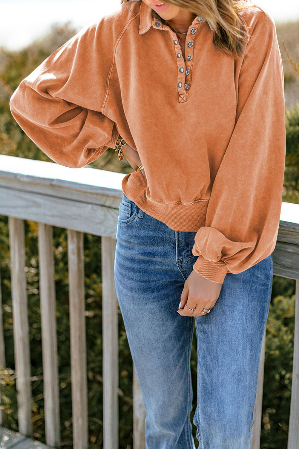 Women's Orange Washed Pullover, Casual Button Down Sweatshirt - Detail View 7 Women's Orange Washed Pullover, Casual Button Down Sweatshirt - Detail View 7