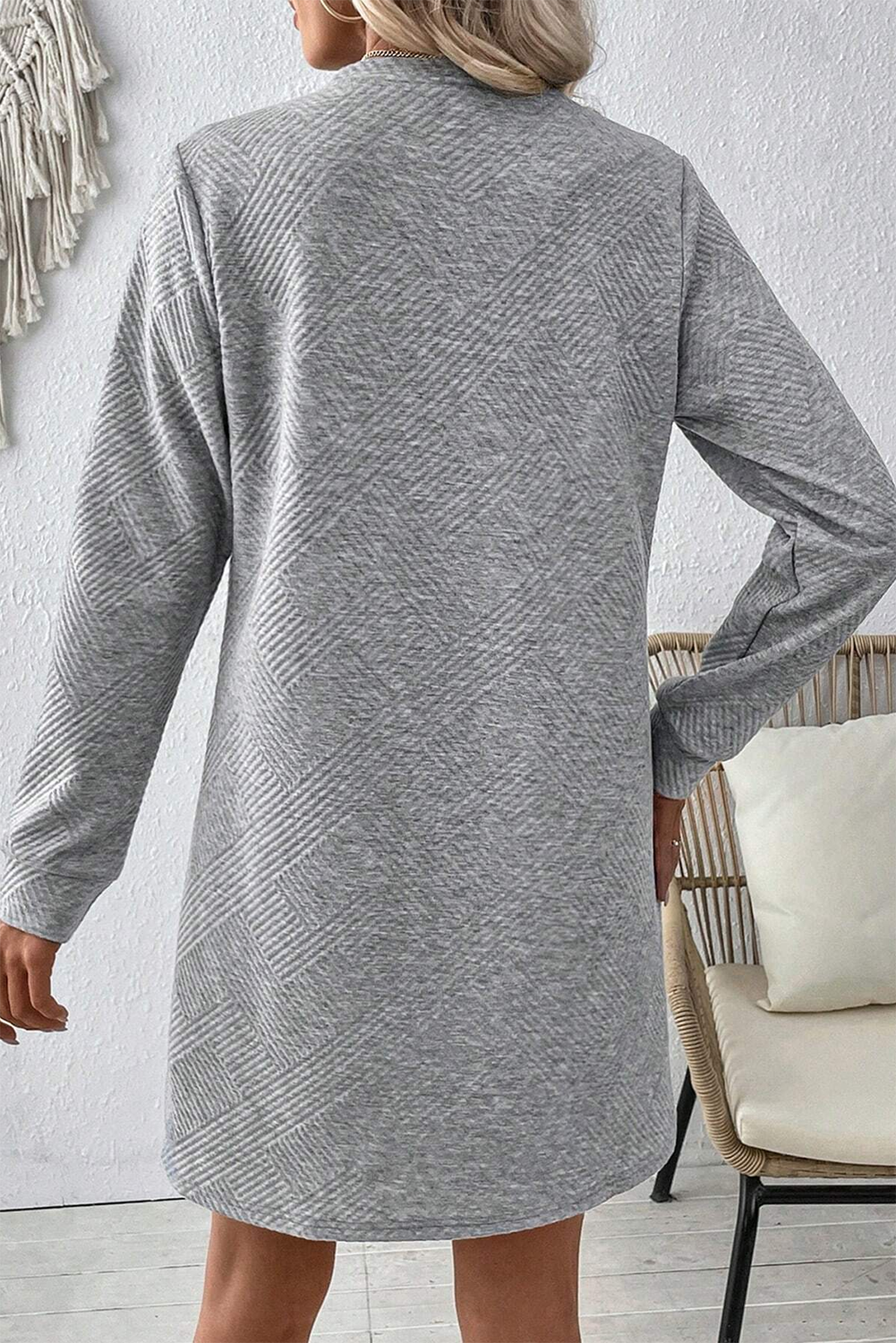 Versatile Long Sleeve Shift Dress - Gray Solid Color - Detail View 2 Versatile Long Sleeve Shift Dress - Gray Solid Color - Detail View 2
