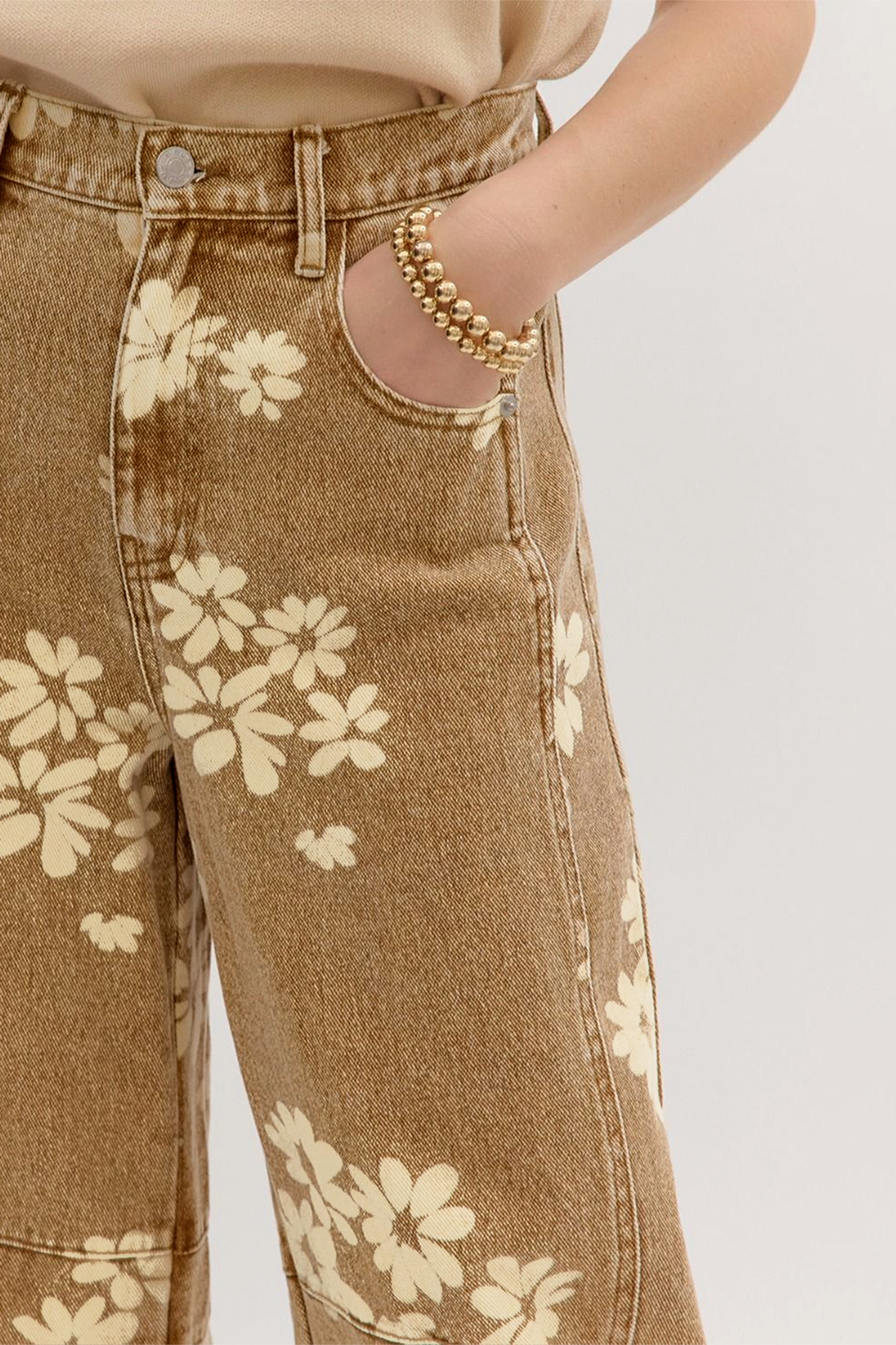 High Waisted Cotton Jeans, Khaki Floral Straight Leg - Detail View 6 High Waisted Cotton Jeans, Khaki Floral Straight Leg - Detail View 6