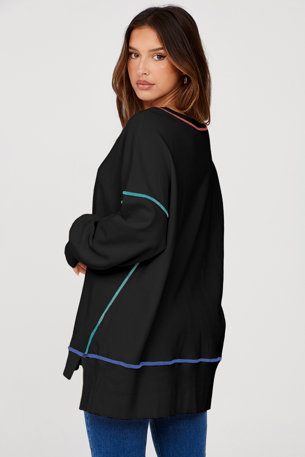 Oversized Crew Neck Sweatshirt, Modern Contrast Stitch Top - Detail View 6 Oversized Crew Neck Sweatshirt, Modern Contrast Stitch Top - Detail View 6