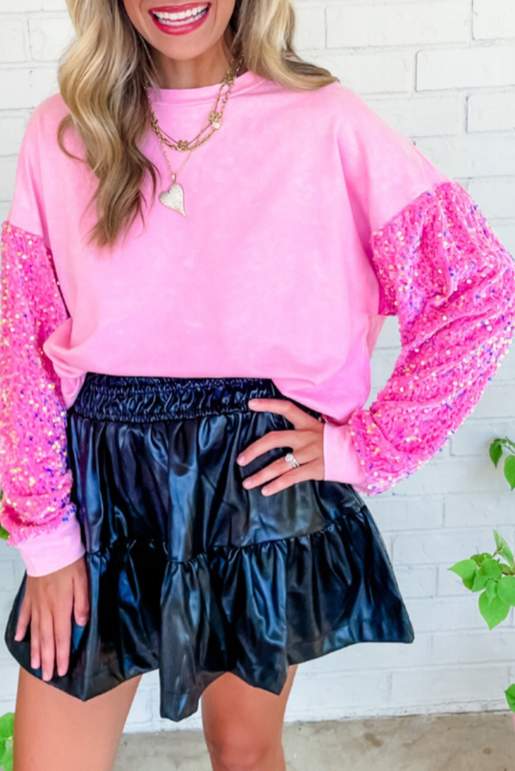 Women's Pink Sequin Sleeve Top, Casual Round Neck Pullover - Detail View 4 Women's Pink Sequin Sleeve Top, Casual Round Neck Pullover - Detail View 4