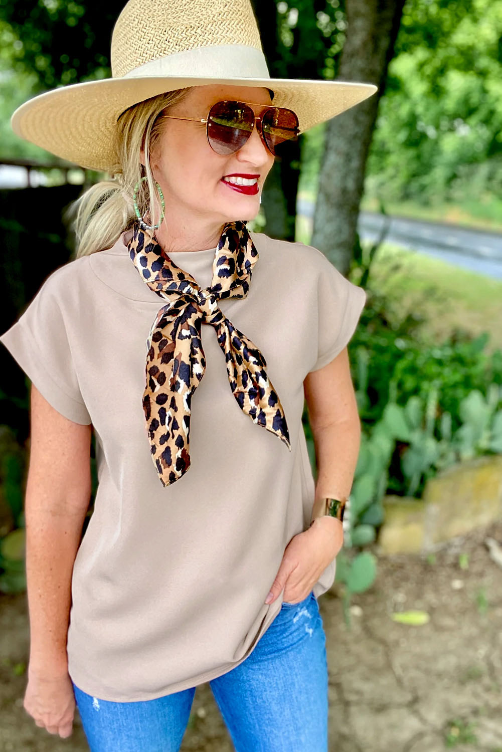 Women's Casual Mock Neck Top, Soft Short Sleeve Shift Blouse - Detail View 6 Women's Casual Mock Neck Top, Soft Short Sleeve Shift Blouse - Detail View 6